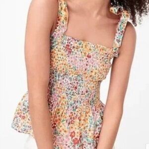 J. CREW Smocked Tie-Shoulder Tank Top Size L Floral Multicolor